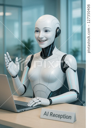 一位擁有人工智慧的女性AI機器人，在接待處微笑迎接並引導顧客 127350406