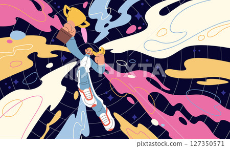 Recognition of people. Concept award employee. Achievement of human. Personal success, triumph myself. Idea psychology. Flying in space woman hold golden cup. Vector cartoon flat isolated illustration 127350571