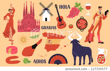 Spain travel icon. Spanish culture. Dance flamenco with fan. Madrid bullfighting. Famous cathedral. Guitar and national food meal. Landmarks collection in Mediterranean country. Vector sightseeing set 127350577