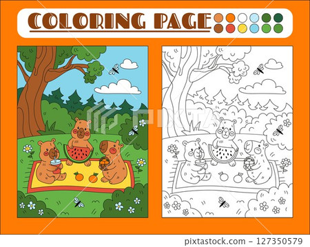 Capybara coloring book. Illustration for children s school worksheet. Drawing for baby. Cute character in kid puzzle. Forest animals. Color game with line coloration. Pets picnic. Vector tidy page 127350579