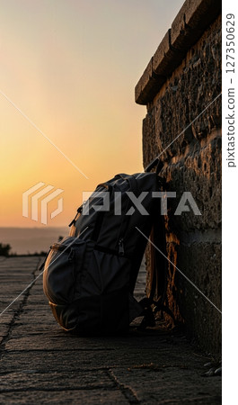 Silhouetted Backpack at Sunrise on a Stone Wall in Scenic Travel Destination 127350629