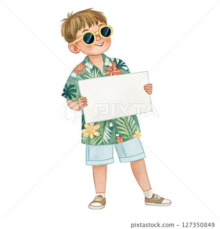 Child wearing Hawaiian costume  wearing glasses  standing holding a white sign blank 127350849