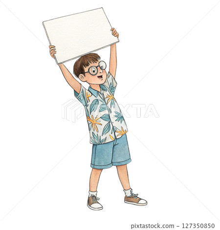Child wearing Hawaiian costume  wearing glasses  standing holding a white sign blank 127350850