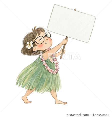 Child wearing Hawaiian costume  wearing glasses  standing holding a white sign blank 127350852