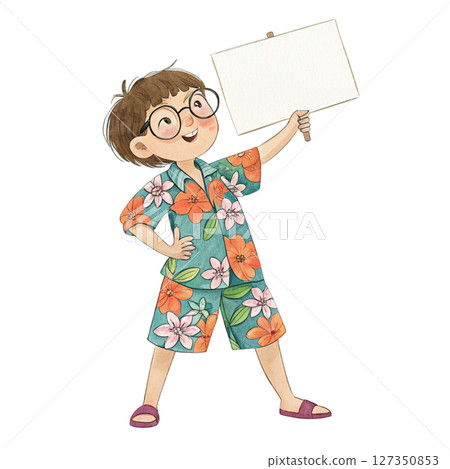 Child wearing Hawaiian costume  wearing glasses  standing holding a white sign blank 127350853