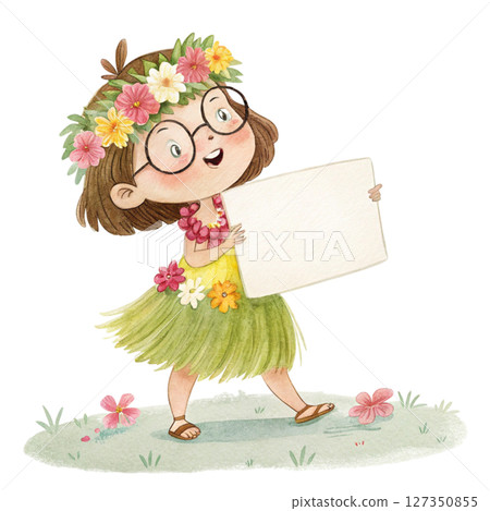 Child wearing Hawaiian costume  wearing glasses  standing holding a white sign blank 127350855