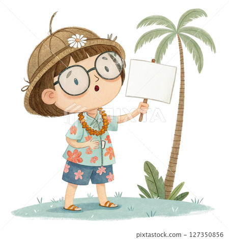 Child wearing Hawaiian costume  wearing glasses  standing holding a white sign blank 127350856