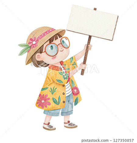 Child wearing Hawaiian costume wearing glasses standing holding a white sign blank Child wearing Hawaiian costume wearing glasses standing holding a white sign blank 127350857