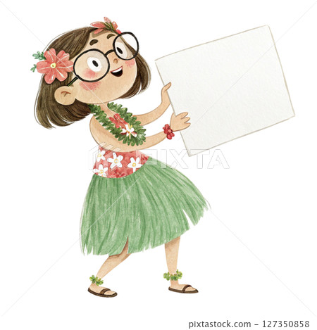 Child wearing Hawaiian costume  wearing glasses  standing holding a white sign blank 127350858