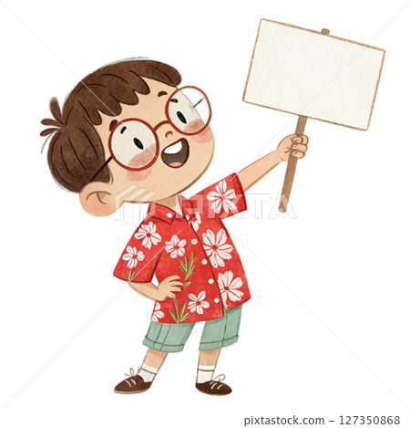 Child wearing Hawaiian costume  wearing glasses  standing holding a white sign blank 127350868