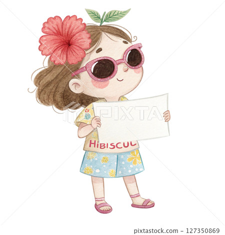 Child wearing Hawaiian costume  wearing glasses  standing holding a white sign blank 127350869