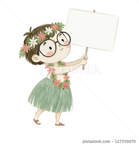 Child wearing Hawaiian costume wearing glasses standing holding a white sign blank Child wearing Hawaiian costume wearing glasses standing holding a white sign blank 127350870