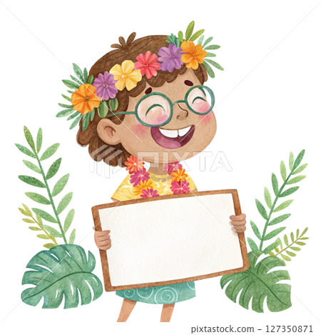 Child wearing Hawaiian costume wearing glasses standing holding a white sign blank Child wearing Hawaiian costume wearing glasses standing holding a white sign blank 127350871