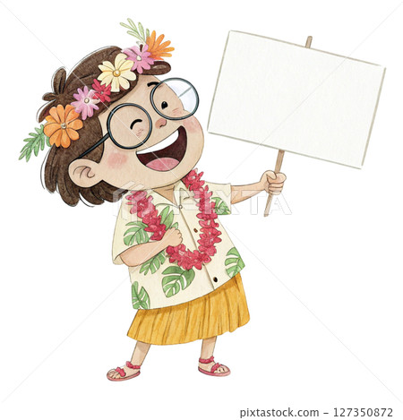 Child wearing Hawaiian costume  wearing glasses  standing holding a white sign blank 127350872