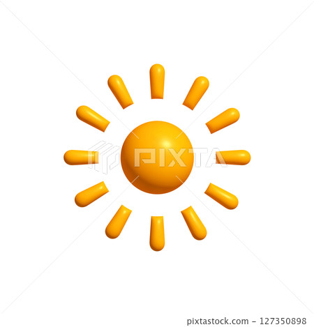 Glossy sun icon with rounded rays in 3D style. Bright weather symbol for app interface, summer design, energy branding. Vector illustration Glossy sun icon with rounded rays in 3D style. Bright weather symbol for app interface, summer design, energy branding. Vector illustration 127350898