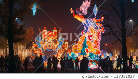 Beijing, China. Zigong Lantern Festival In Beijing. Amazing Lighting Composition Phoenix Dance From Ninth Heaven. Chinese Phoenix Fenghuang Are Mythological Birds. Symbol Of Virtue And Grace Beijing, China. Zigong Lantern Festival In Beijing. Amazing Lighting Composition Phoenix Dance From Ninth Heaven. Chinese Phoenix Fenghuang Are Mythological Birds. Symbol Of Virtue And Grace 127351027