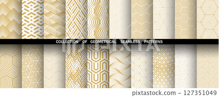 Geometric set of seamless golden and white patterns. Simple vector graphics Geometric set of seamless golden and white patterns. Simple vector graphics 127351049