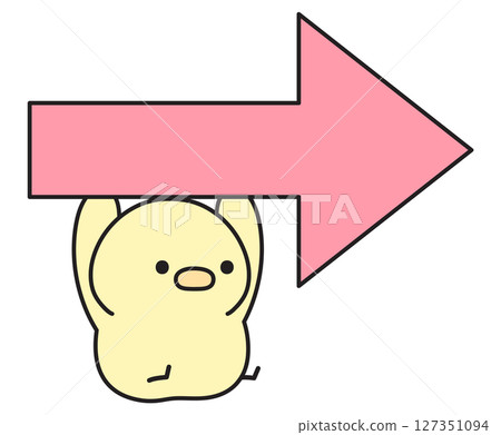 Illustration of a cute chick hanging from an arrow pointing right 127351094