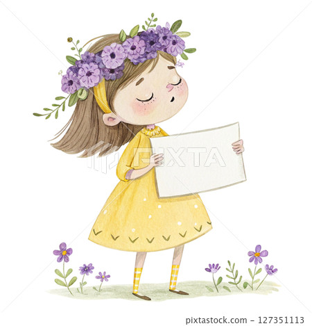 Cute girl wearing a flower crown standing holding a white wooden sign Blank 127351113