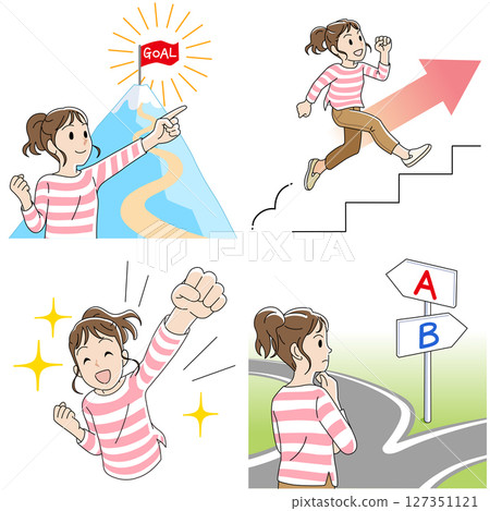 一位年輕女子的插圖集，觸感溫和（加強、選擇、目標、成就） 127351121
