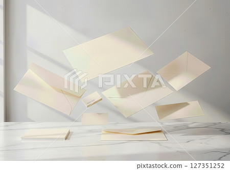 Minimalist Floating Stationery Mockup on White Marble Desk with Sunlit Summer Ambience for Branding and Design Presentations 127351252