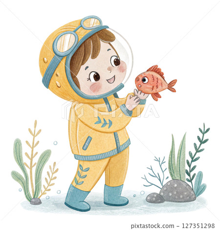 Cute kid standing smiling wearing a dream work outfit kawaii watercolor 127351298