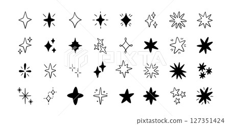 Doodle glitter twinkle star icons set. Hand drawn shine star burst symbol. Sketch magic blink collection. Doodle spark shape icons. Vector illustration on white background Doodle glitter twinkle star icons set. Hand drawn shine star burst symbol. Sketch magic blink collection. Doodle spark shape icons. Vector illustration on white background 127351424