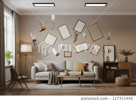 Home Decor Objects Floating Above Living Room with Summer Sunlight for Interior Design Mockup and Branding Home Decor Objects Floating Above Living Room with Summer Sunlight for Interior Design Mockup and Branding 127351448