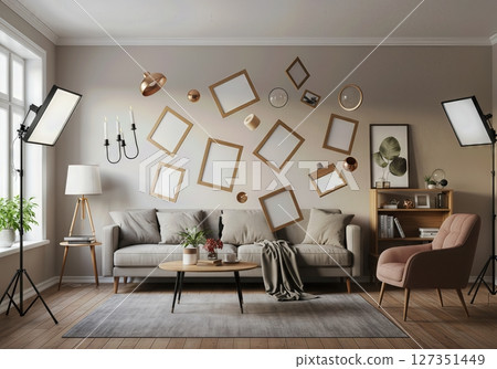 Home Decor Objects Floating Above Living Room with Summer Sunlight for Interior Design Mockup and Branding Home Decor Objects Floating Above Living Room with Summer Sunlight for Interior Design Mockup and Branding 127351449