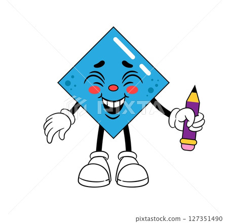 Face expression. Cute retro emoticon. Cartoon smiling character with pencil. Happiness and joy emotion. Happy feeling. Geometric shape with hands and legs. Abstract figure. Comic mascot vector icon 127351490