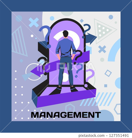 Decision staff. Choice dilemma. Businessman finding way. Confused man asking questions. Door to unknown. Paths option selection. Goals choose. Business management. Direction arrows. Vector concept Decision staff. Choice dilemma. Businessman finding way. Confused man asking questions. Door to unknown. Paths option selection. Goals choose. Business management. Direction arrows. Vector concept 127351491