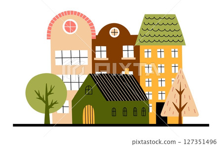 City street. Cute tiny homes and geometric trees. Colorful building. Real estate. Urban landscape. Simple architecture, childish print. Vector cartoon flat style isolated on background illustration 127351496