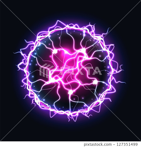 Ball lightning energy. Electric circle. Effect burst magic power. Sphere light. Explosion core with neon spark. Purple glow flash. Abstract thunder bolt. Illuminated plasma blast. Vector shine element 127351499