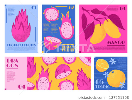Fruit pattern. Exotic dragon fruits, Italian orange juice packaging design, fresh mango slice and whole. Ornament of poster, card leaves summer, frame graphic with food. Vector badge for garish print 127351508