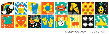 Cartoon art sticker. Abstract doodle design, retro color shape. Comic heart, music flower, happy smile, psychedelic mushroom and rainbow. Bright avatar collage. Vector garish patch groovy collection 127351509