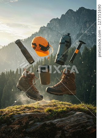 Outdoor Gear and Camping Equipment Floating Above Summer Nature Scene for Adventure Mockup and Branding 127351690
