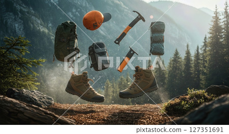 Outdoor Gear and Camping Equipment Floating Above Summer Nature Scene for Adventure Mockup and Branding 127351691