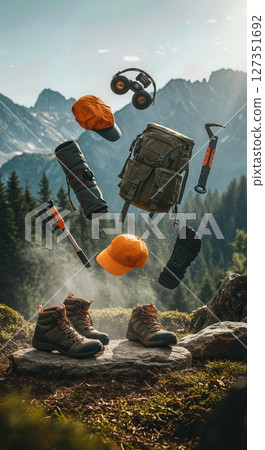 Outdoor Gear and Camping Equipment Floating Above Summer Nature Scene for Adventure Mockup and Branding Outdoor Gear and Camping Equipment Floating Above Summer Nature Scene for Adventure Mockup and Branding 127351692