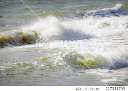 Dynamic Ocean Waves Gracefully Crashing onto the Serene Shoreline with Natural Beauty 127351703