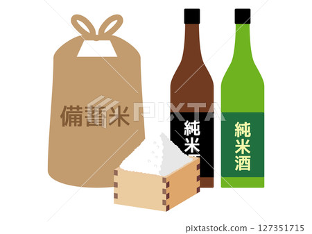 Rice in a wooden box, stockpiled rice, and pure rice sake 127351715
