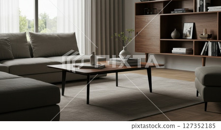 Modern Minimalist Living Room with Cozy Sofa and Wooden Furniture 127352185