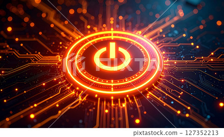 Illuminated orange power button in the digital world 127352213