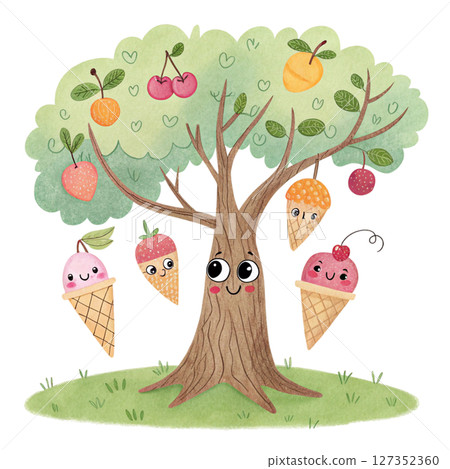 Summer Tree kawaii clipart watercolor  127352360