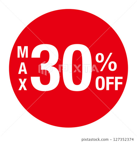 帶有文字“MAX 30% OFF”的圓形向量插圖,紅色、白色文本,透明背景 帶有文字“MAX 30% OFF”的圓形向量插圖,紅色、白色文本,透明背景 127352374