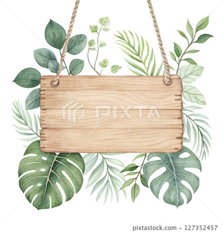 Wooden frame summer tree clipart watercolor Wooden frame summer tree clipart watercolor 127352457