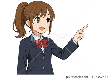 A smiling high school girl with a ponytail posing with her finger 127352514