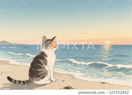 Cat watching the sunset on the beach 127352652