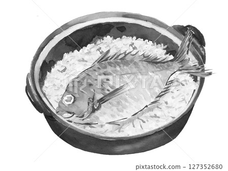 用水彩繪製的陶罐煮鯛魚飯的單色插圖(手繪),白色背景上用於切割 用水彩繪製的陶罐煮鯛魚飯的單色插圖(手繪),白色背景上用於切割 127352680