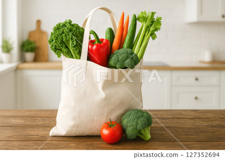 Healthy vegetables in reusable cotton shopping bag, kitchen interior, fresh organic produce, clean eating, eco lifestyle, zero waste grocery, home nutrition inspiration 127352694