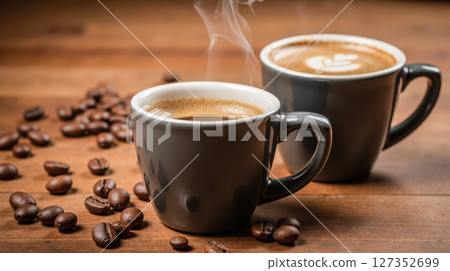 Two cups of hot steaming coffee on rustic wooden table with roasted coffee beans, a concept for cozy morning breakfast Two cups of hot steaming coffee on rustic wooden table with roasted coffee beans, a concept for cozy morning breakfast 127352699
